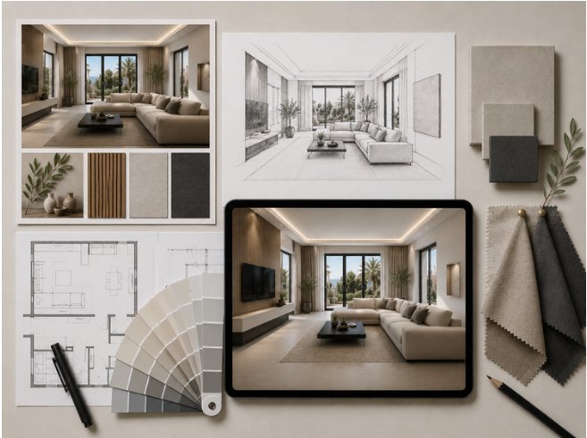 Interior design moodboard, 3D visualization and floor plan by SALA GRAF